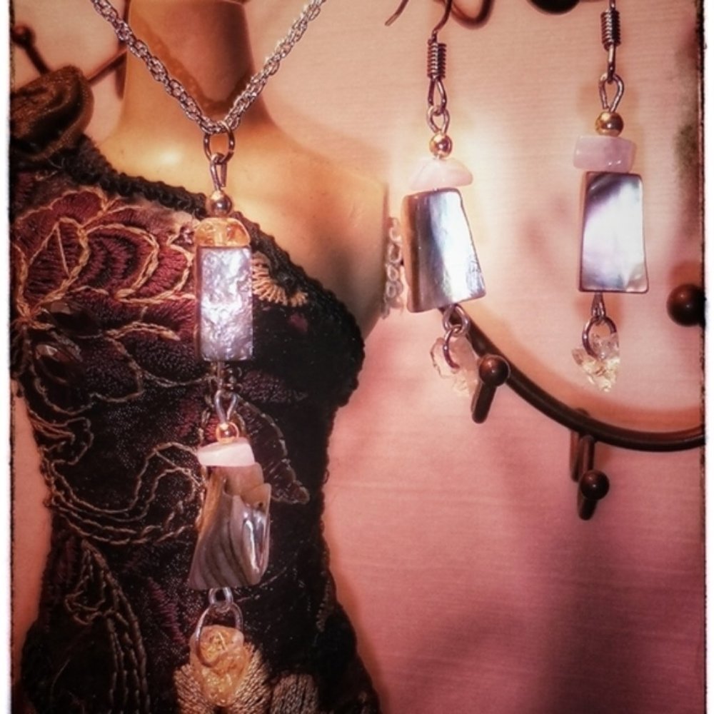 Handmade Chalcedony, Paua Shell, Citrine earrings & necklace set